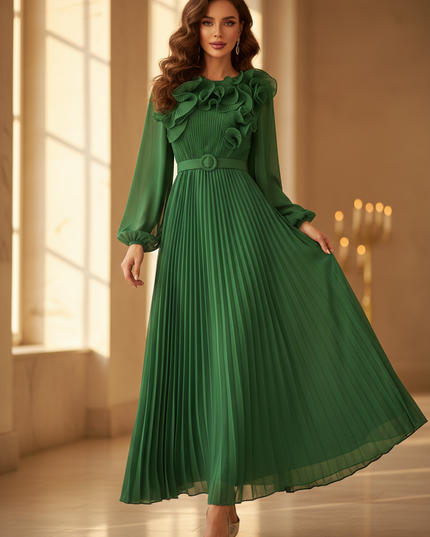 Gruenes langes Kleid mit Plissee-Details - Ansicht 1