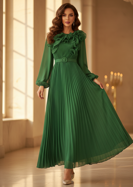 Gruenes langes Kleid mit Plissee-Details - Ansicht 1