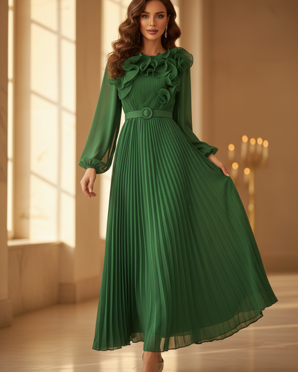 Gruenes langes Kleid mit Plissee-Details - Ansicht 3