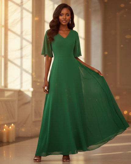 Gruenes langes Kleid mit V-Ausschnitt - Ansicht 1