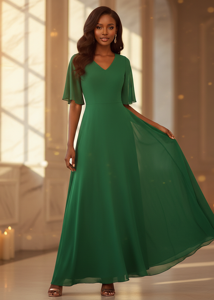 Gruenes langes Kleid mit V-Ausschnitt - Ansicht 1