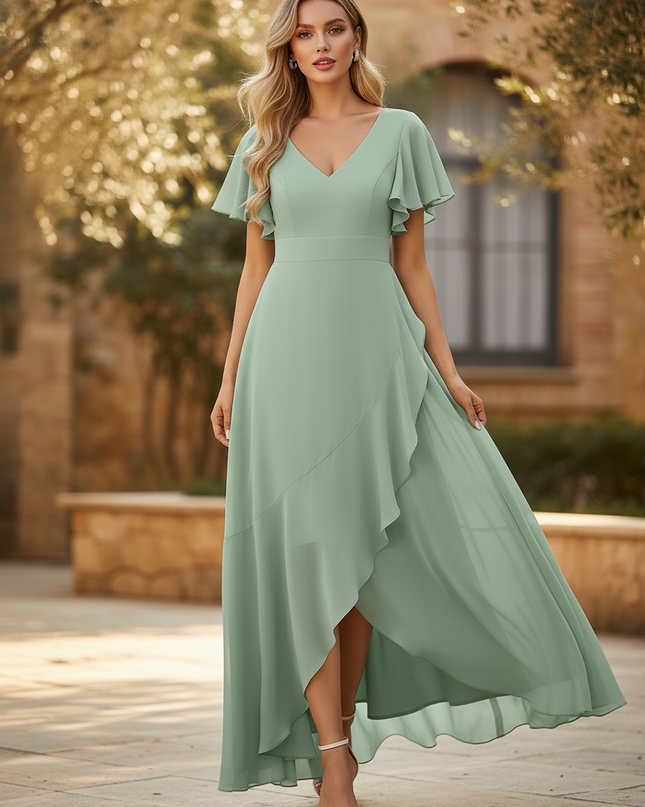 Elegantes langes Chiffonkleid in Gruen - Ansicht 3