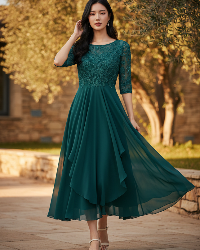 Elegantes Chiffon-Midikleid in Gruen - Ansicht 1