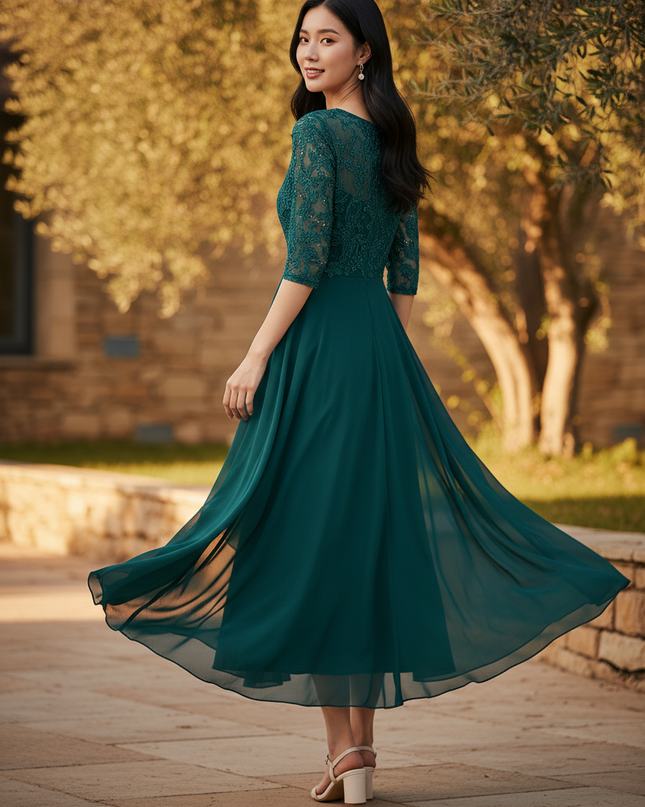 Elegantes Chiffon-Midikleid in Gruen - Ansicht 2