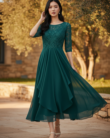 Elegantes Chiffon-Midikleid in Gruen - Ansicht 3