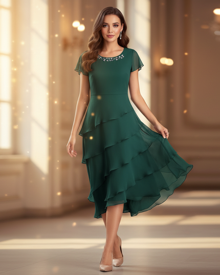 Gruenes Chiffonkleid mit Ruschendetails - Ansicht 1