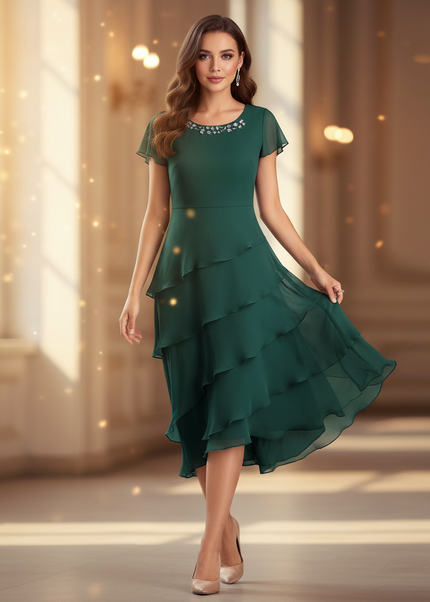 Gruenes Chiffonkleid mit Ruschendetails - Ansicht 1