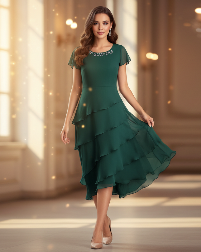 Gruenes Chiffonkleid mit Ruschendetails - Ansicht 1