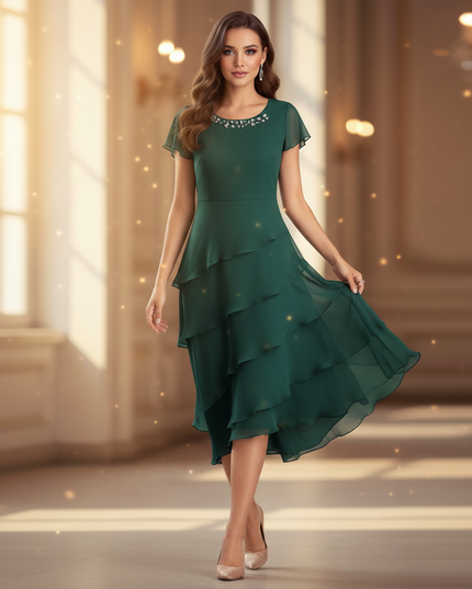 Gruenes Chiffonkleid mit Ruschendetails - Ansicht 3