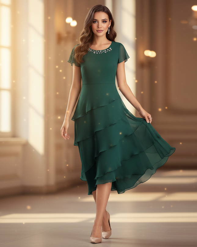 Gruenes Chiffonkleid mit Ruschendetails - Ansicht 3