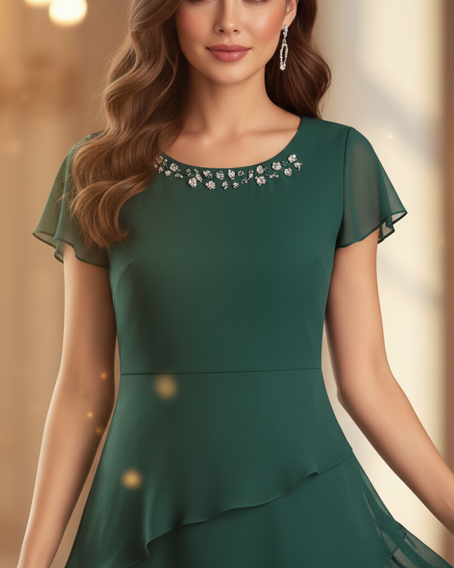 Gruenes Chiffonkleid mit Ruschendetails - Ansicht 4