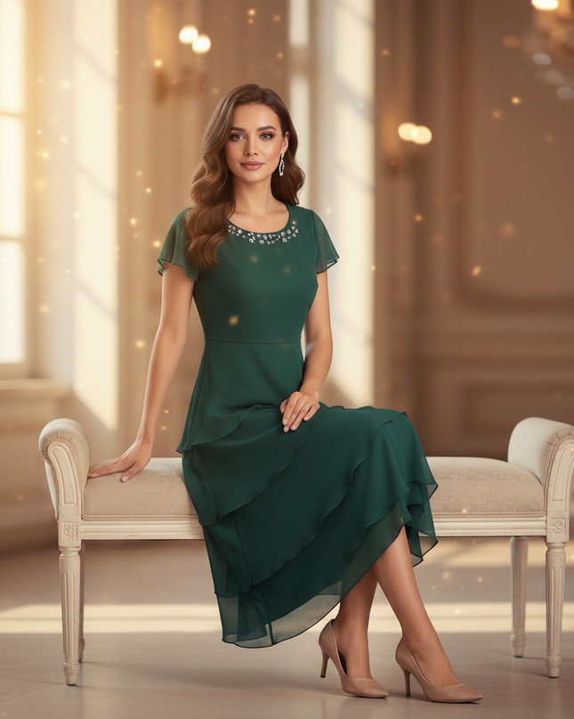 Gruenes Chiffonkleid mit Ruschendetails - Ansicht 5