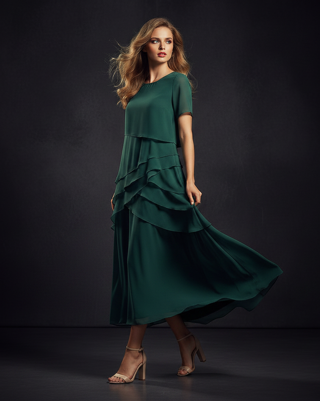 Gruenes Chiffon-Midikleid mit Volants - Ansicht 3