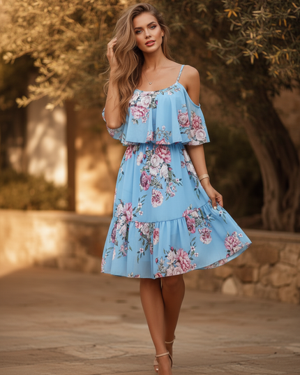 Hellblaues Kleid im Off-Shoulder-Stil - Ansicht 3