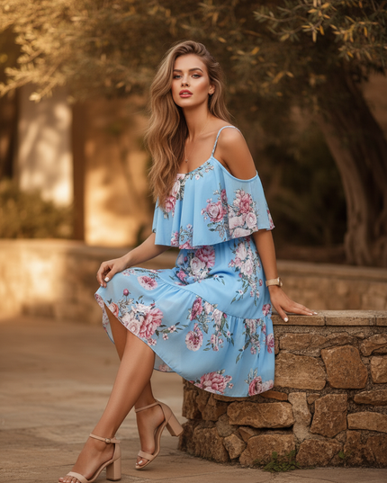 Hellblaues Kleid im Off-Shoulder-Stil - Ansicht 5