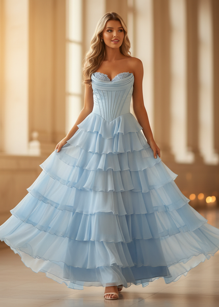 Elegantes Chiffonkleid Hellblau Kurz - Ansicht 1