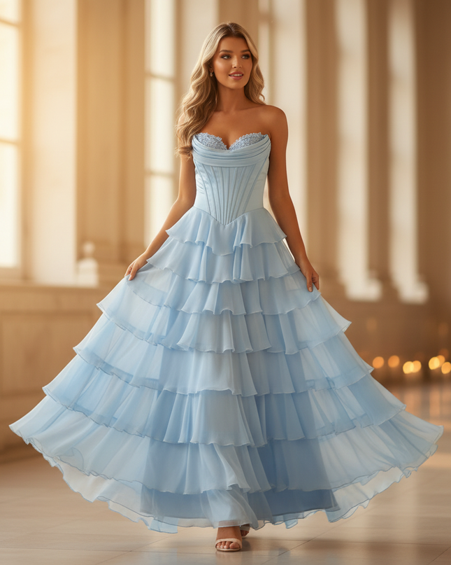 Elegantes Chiffonkleid Hellblau Kurz - Ansicht 1
