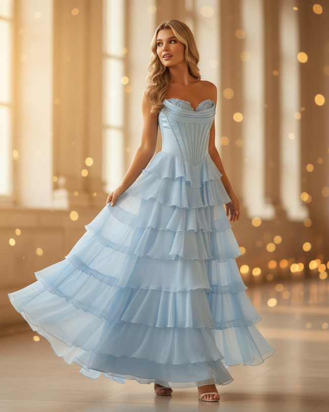Elegantes Chiffonkleid Hellblau Kurz - Ansicht 3