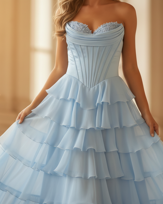 Elegantes Chiffonkleid Hellblau Kurz - Ansicht 4