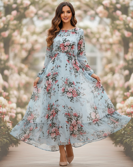 Chiffonkleid Hellblau Lang mit Blumenmuster - Ansicht 1