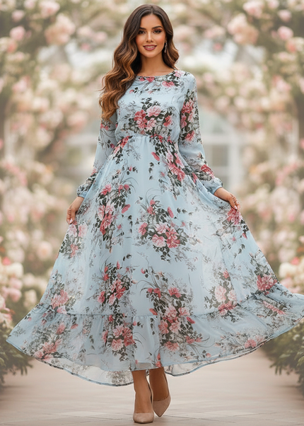 Chiffonkleid Hellblau Lang mit Blumenmuster - Ansicht 1