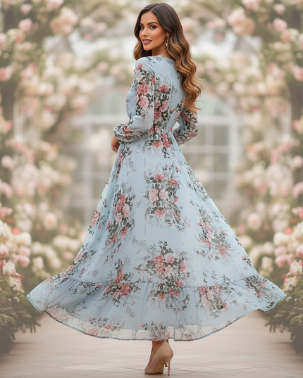 Chiffonkleid Hellblau Lang mit Blumenmuster - Ansicht 2