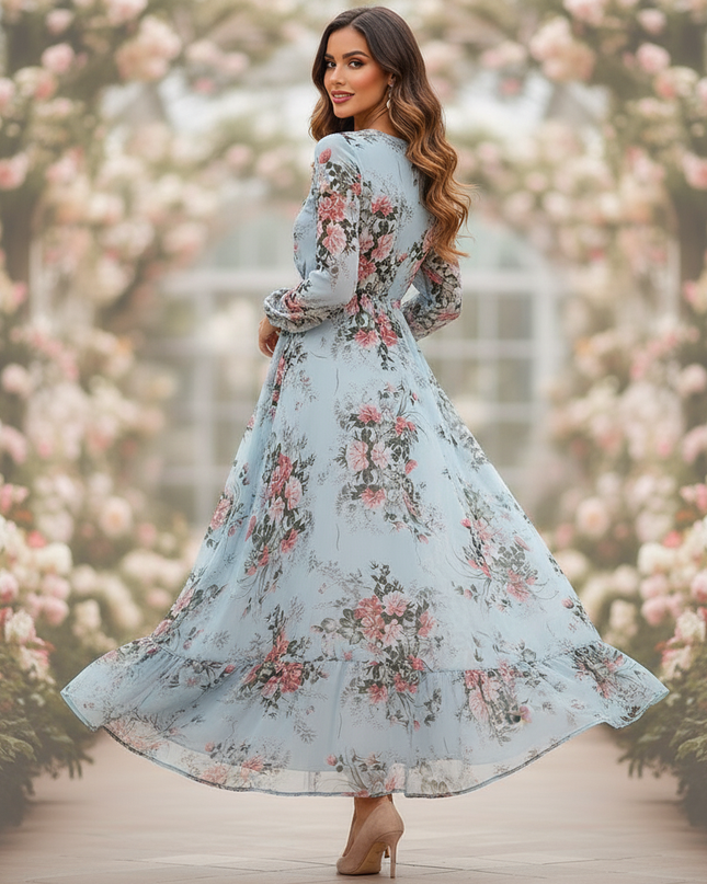 Chiffonkleid Hellblau Lang mit Blumenmuster - Ansicht 2