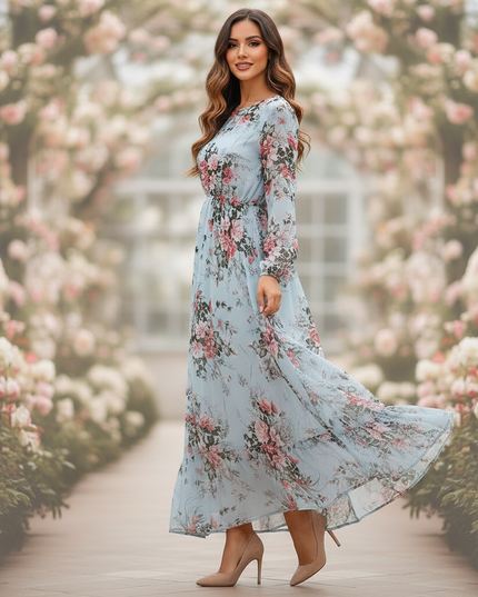 Chiffonkleid Hellblau Lang mit Blumenmuster - Ansicht 3