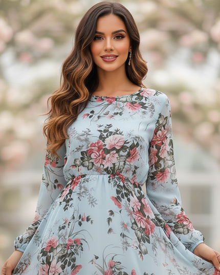 Chiffonkleid Hellblau Lang mit Blumenmuster - Ansicht 4