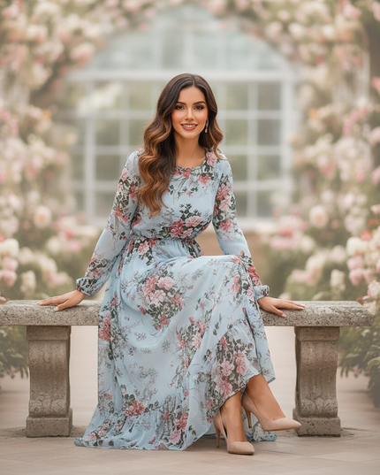 Chiffonkleid Hellblau Lang mit Blumenmuster - Ansicht 5