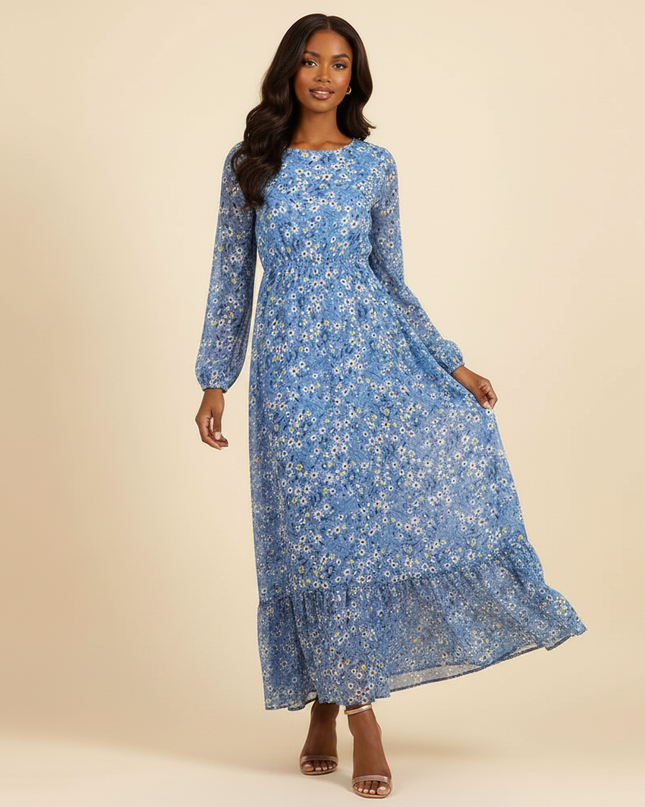 Chiffonkleid Hellblau Lang Langarm - Ansicht 3