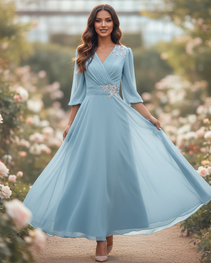 Hellblaues langes Chiffonkleid - Ansicht 1
