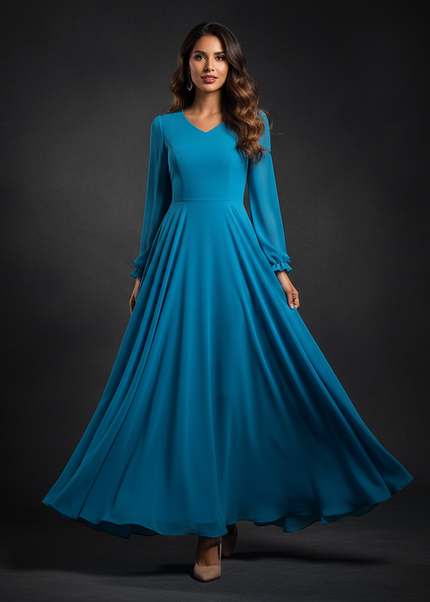 Langes Chiffonkleid in Tuerkisblau - Ansicht 1