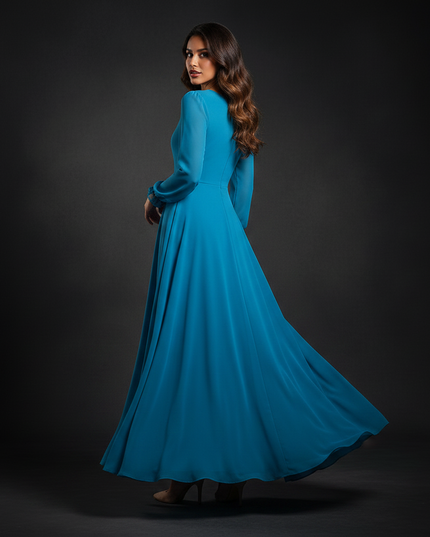 Langes Chiffonkleid in Tuerkisblau - Ansicht 2