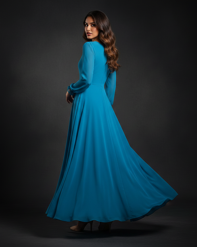 Langes Chiffonkleid in Tuerkisblau - Ansicht 2