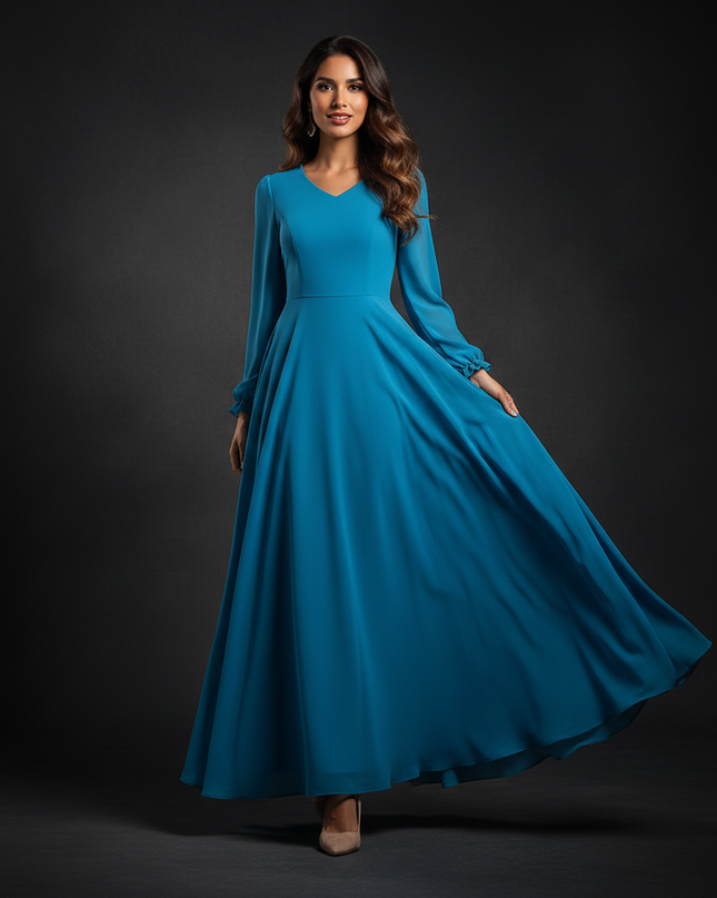 Langes Chiffonkleid in Tuerkisblau - Ansicht 3