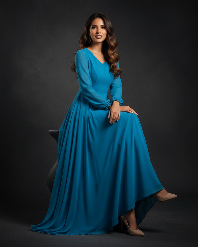 Langes Chiffonkleid in Tuerkisblau - Ansicht 5