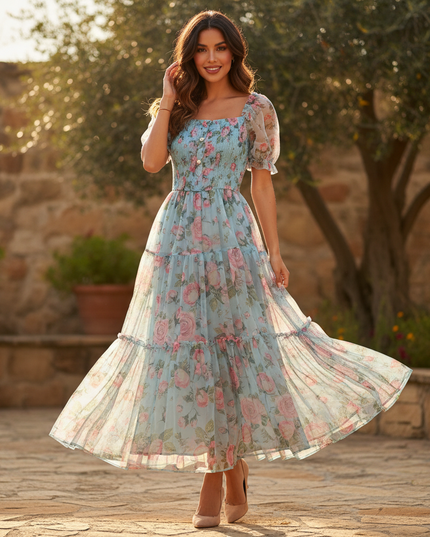Hellblaues Chiffonkleid mit Blumenmuster - Ansicht 1