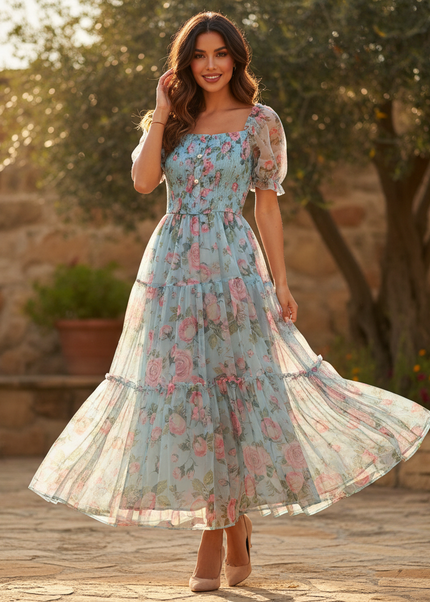 Hellblaues Chiffonkleid mit Blumenmuster - Ansicht 1
