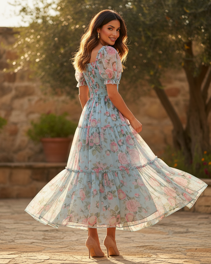 Hellblaues Chiffonkleid mit Blumenmuster - Ansicht 2