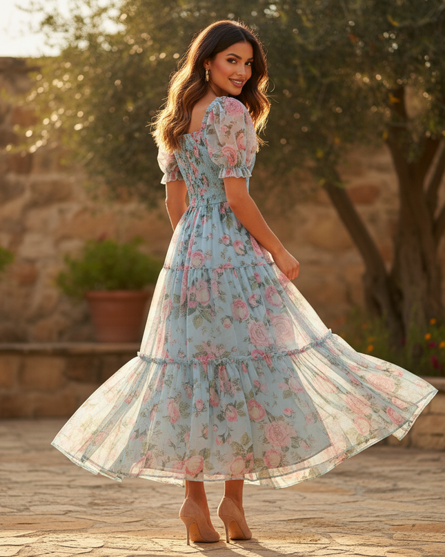 Hellblaues Chiffonkleid mit Blumenmuster - Ansicht 2