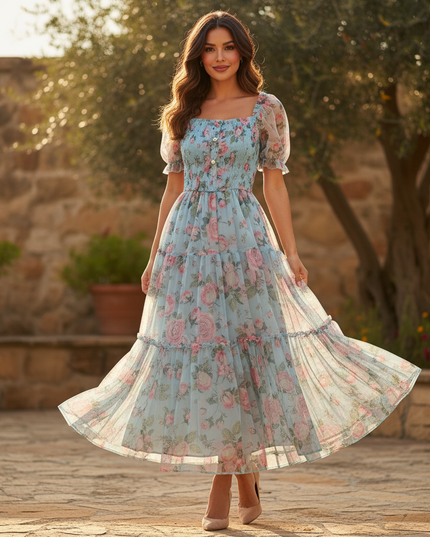 Hellblaues Chiffonkleid mit Blumenmuster - Ansicht 3
