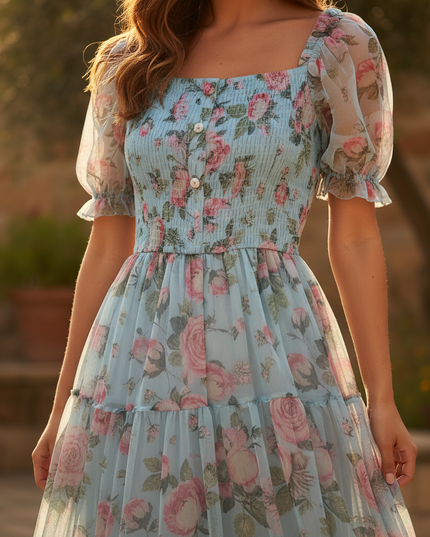 Hellblaues Chiffonkleid mit Blumenmuster - Ansicht 4