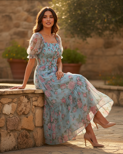 Hellblaues Chiffonkleid mit Blumenmuster - Ansicht 5
