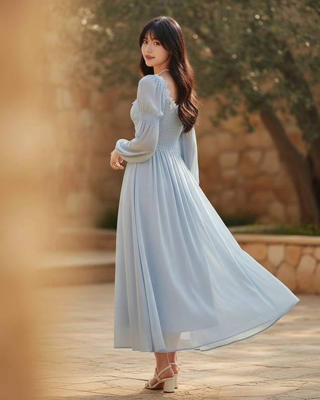 Hellblaues Chiffonkleid mit Langarm - Ansicht 2