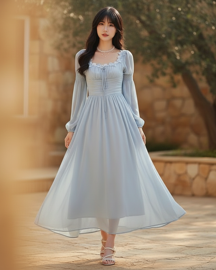Hellblaues Chiffonkleid mit Langarm - Ansicht 3