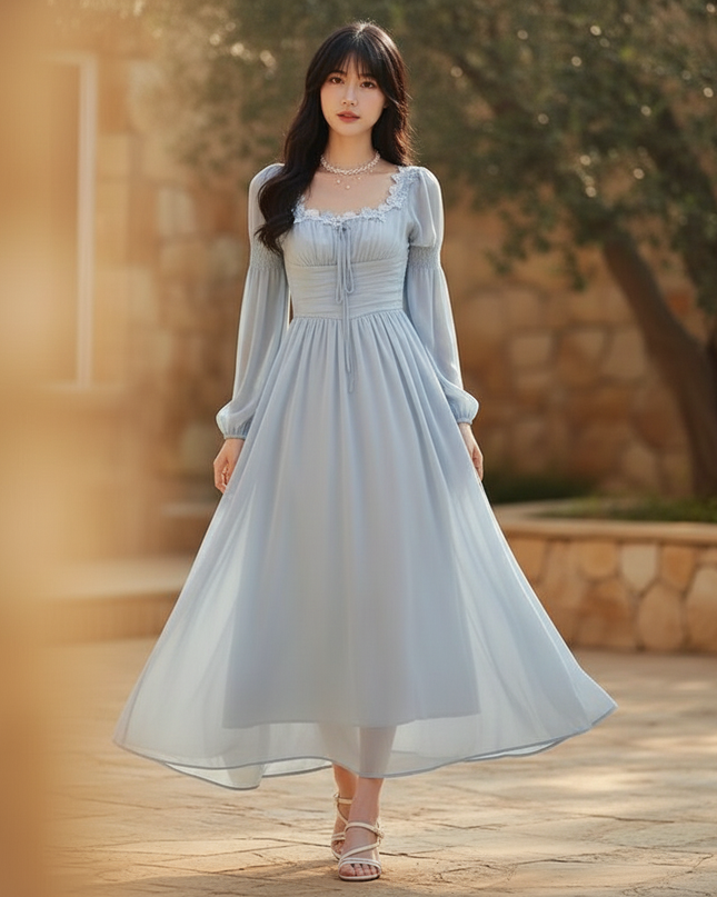 Hellblaues Chiffonkleid mit Langarm - Ansicht 3