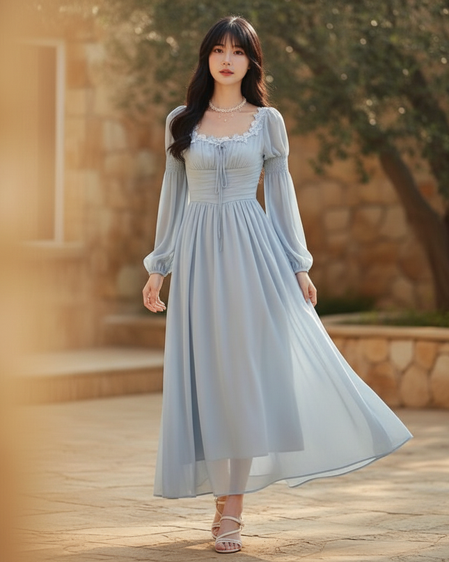 Hellblaues Chiffonkleid mit Langarm - Ansicht 4