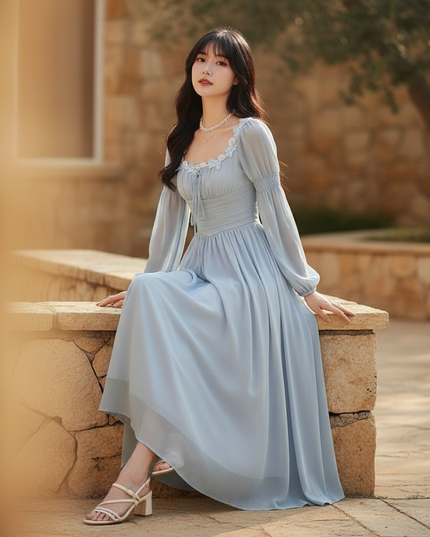 Hellblaues Chiffonkleid mit Langarm - Ansicht 5