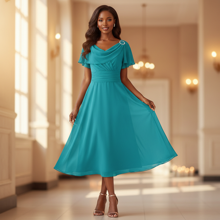 Chiffonkleid Teal Midi mit Rueschen - Ansicht 1